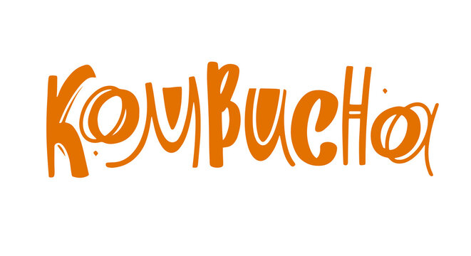 Kombucha vector hand written lettering, original calligraphy. Healthy fermented probiotic tea. Superfood drink. Template sign design for logo, label.