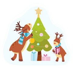 Deer decorate a Christmas tree , New Year's illustration, children's, vector graphics on a white background