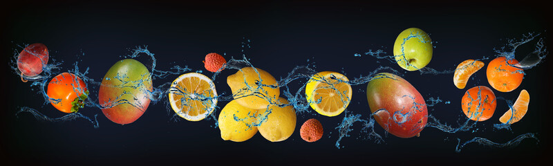 Panorama with fruits in water - juicy lemon, apple, lychee, persimmon, mango, tangerine, plum, a...