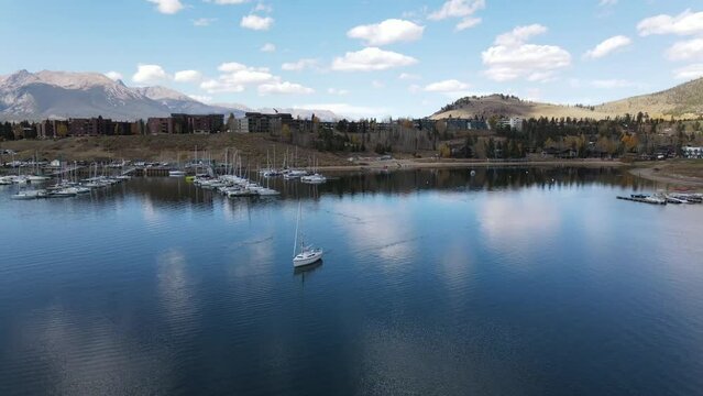Aerial view of a boat on Lake Dillon Marina in Frisco, Colorado