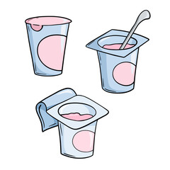 A set of colored icons, a small plastic jar with pink fruit yogurt and a spoon, a copy space, cartoon vector