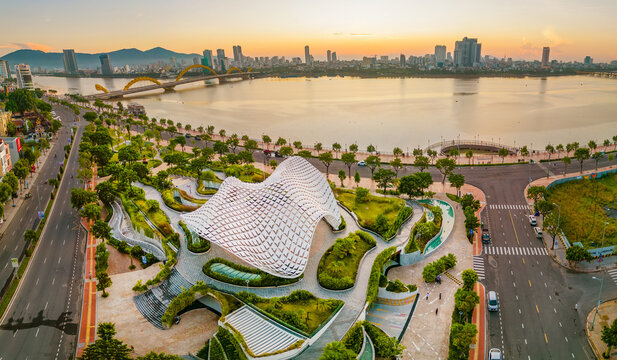 Aerial view of Da Nang Apec sculpture park at sunrise which is a new icon of Da Nang city.
