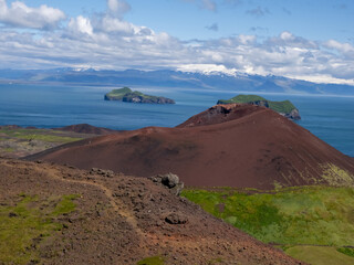 View of Heimaey island from the top of the Helgafell volcano caldera, Heimaey, Vestmannaeyjar...