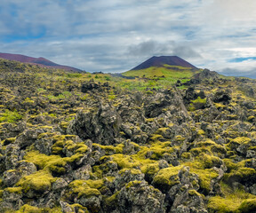 Lava fields in front of the Eldfell volcano, Heimaey, Vestmannaeyjar islands, Iceland. Its 1973...