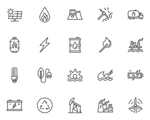 set of energy line icons, electric power, gas, clean energy