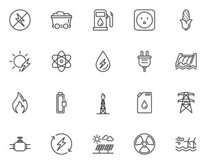 set of energy line icons, electric power, gas, clean energy