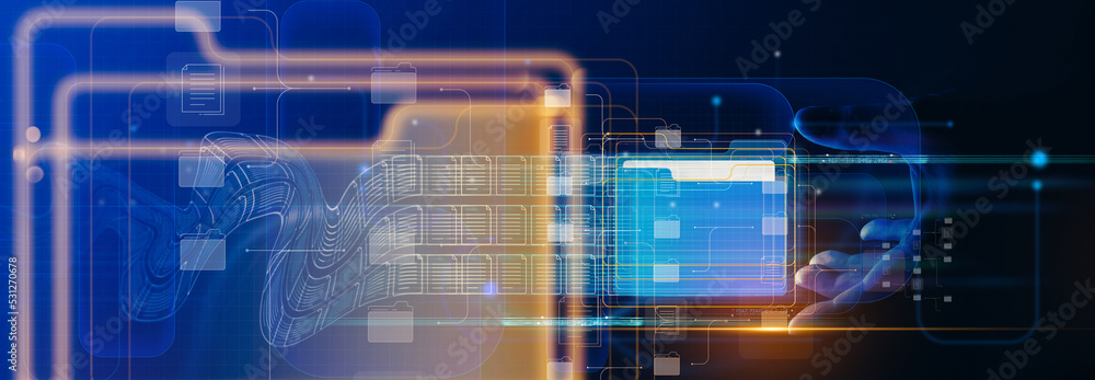Poster Document management system concept,business hnad reach folder and document icons software,efficient archiving and company data. searching and managing files online document database.