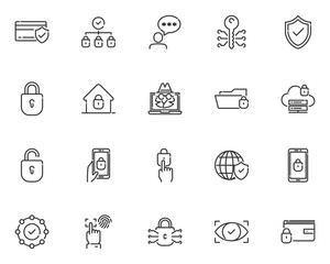 set of security line icons, cyber security, protect