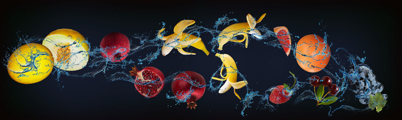 Panorama with fruits in the water - juicy grapes, cherries, strawberries, grapefruit, banana,...