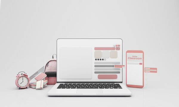 Back to school join to online learning with school supplies and equipment. laptop computer screen with phone and school accessories and textbooks on pink and white background. cartoon -3D Rendering
