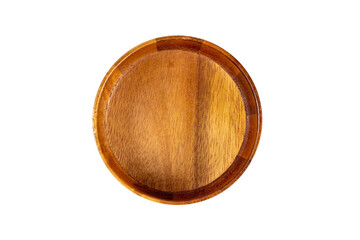 Top view of empty brown round wooden bowl isolated on white background close up.