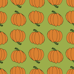 Seamless pattern with orange pumpkin on green background. Vector image.