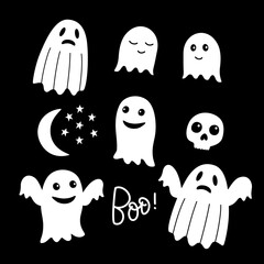 Halloween vector sticker pack with ghosts, skull and moon