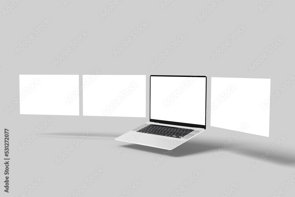 Poster laptop computer mockup with blank wireframing pages. concept for showcasing web-design projects on l