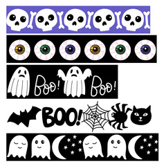 Halloween vector set of borders Vector pattern brushes with skulls, eyes, ghosts, cats, bats and spiders in the web