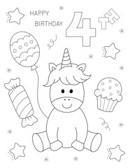 happy 4th birthday coloring page. cute unicorn and more fun shapes to color. you can print it on standard 8.5x11 inch paper