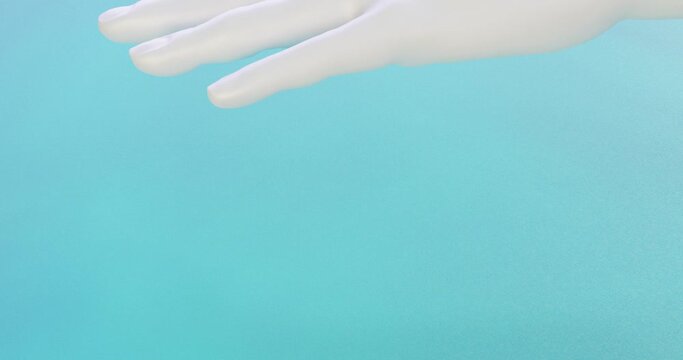 The hand presses on the memory foam bed of the orthopedic mattress, shape restoration, elastic plastic material, foam rubber, polyurethane foam