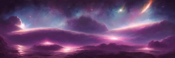 Fototapeta na wymiar Space background with stardust and shining stars. Fantasy colorful cosmos. Alien planets. Banner size