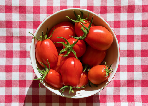 Rote Tomaten in einer weißen Schüssel auf kariertem Tischtuch