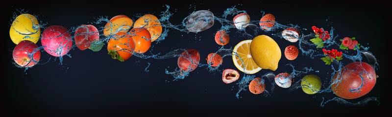 Panorama with fruits in water - juicy mango, currant, lime, lemon, lychee, persimmon, peach, apple...