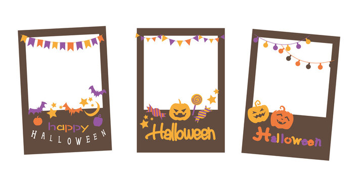 Set of Halloween decoration photo frame. Happy Halloween design photo frame collection. colorful Pumpkin, flag, bat, candies and garland decoration frames.