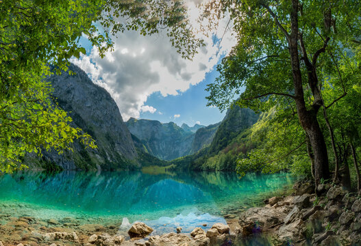 Bavarian Lake view at the Berchtesgaden Obersee which is embedded in pure green nature 