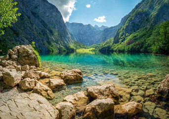 Bavarian Lake view at the Berchtesgaden Obersee which is embedded in pure green nature 