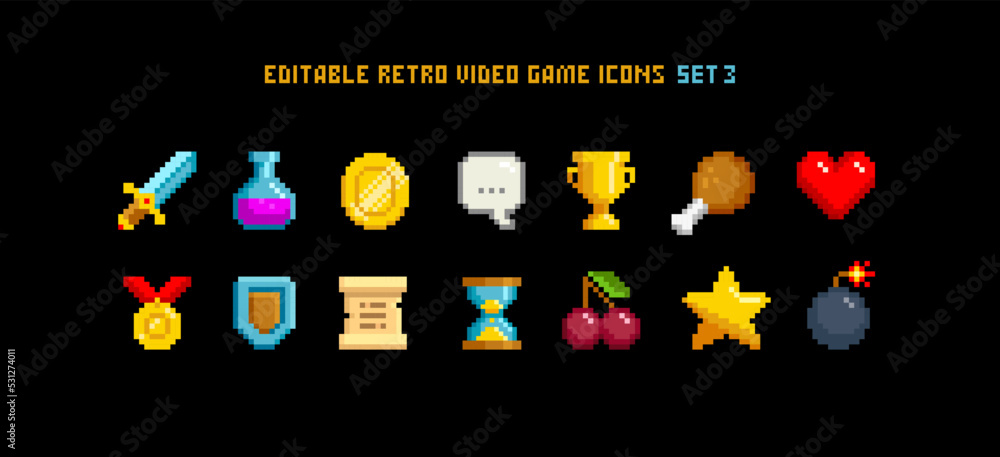 Poster 8-bt game pixel objects set. retro game loot icons in 8 bit style. pixel graphic prize signs and sym
