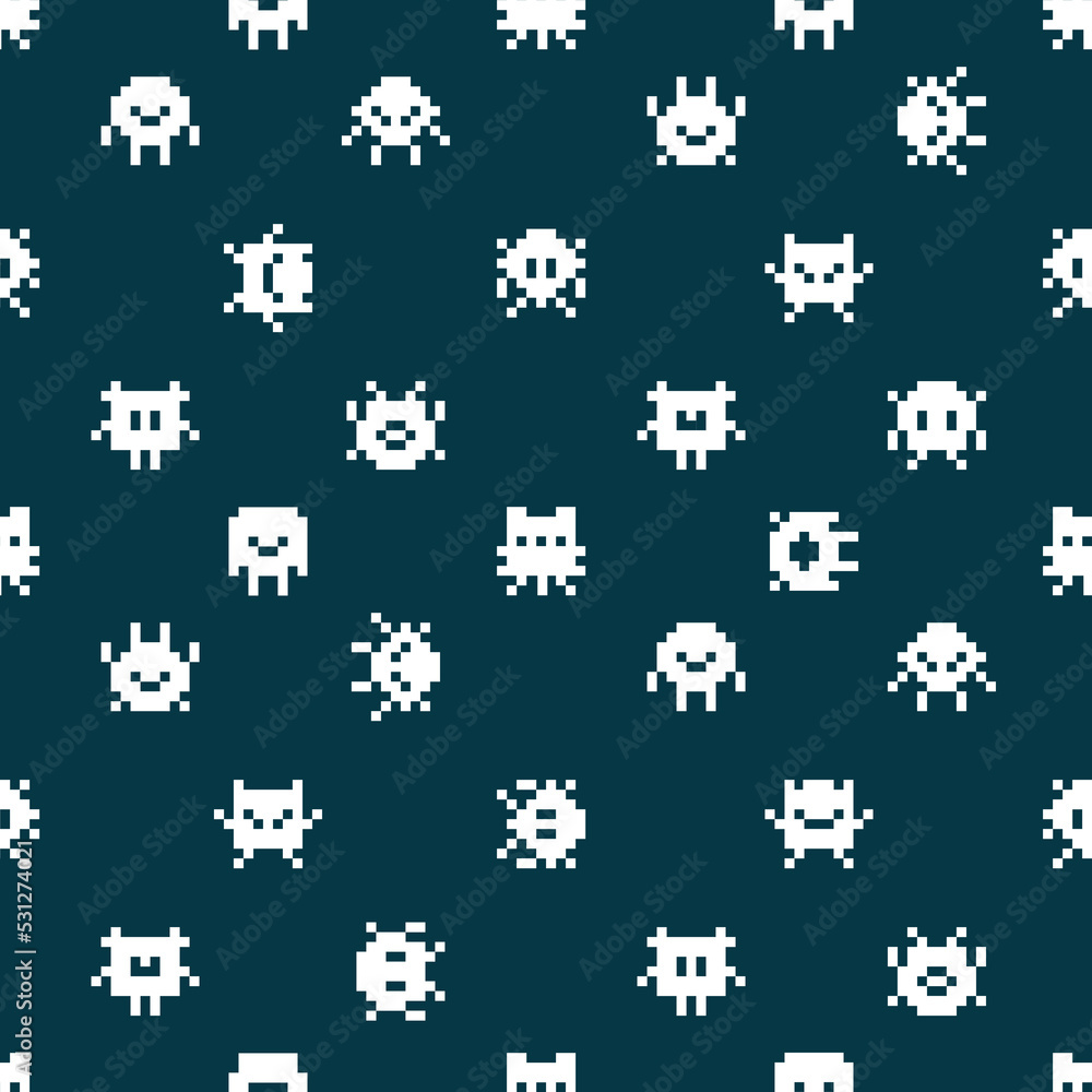 Poster abstract funny monsters pixel art style pattern. vintage 8-bit pixel graphics monsters background. r