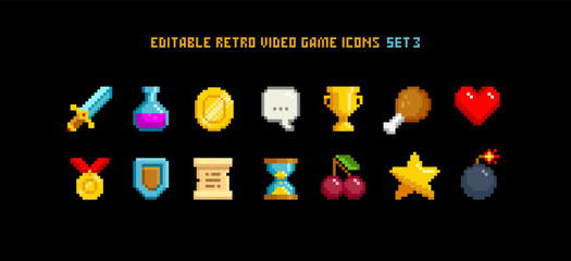 8-bt game pixel objects set. Retro game loot icons in 8 bit style.  Pixel graphic prize signs and symbols. Pixel heart, tropy cup, bomb, cherry, coin, star, food, scroll, medal, etc. Editable vector. - obrazy, fototapety, plakaty