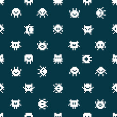 Abstract funny Monsters Pixel Art style pattern. Vintage 8-bit pixel graphics monsters background. Retro video games icons. Simple aliens characters on vector seamless pattern