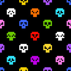  Vintage 8-bit pixel graphics Skulls background. Abstract colorful Skulls in Pixel Art style seamless pattern. Retro video games signs. Simple monsters characters on vector seamless pattern