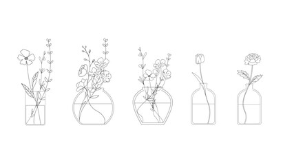 Set of Flowers  line drawing vector art in a vase for decoration - obrazy, fototapety, plakaty