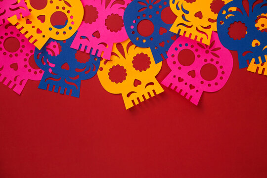 mexico day of the dead paper decorations, background with paper flags, skulls