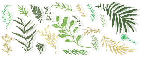 Hand drawn colorful plant set - universally usable. Botanical, chic and trendy plants. Hand drawn lines, elegant leaves for your own design. Flower branch and minimalistic modern plants.