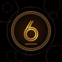 6th Anniversary Celebration with golden text and ring, Golden anniversary vector template