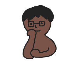 考える眼鏡の黒人,アジア人男性　頬杖をつく人物イラスト