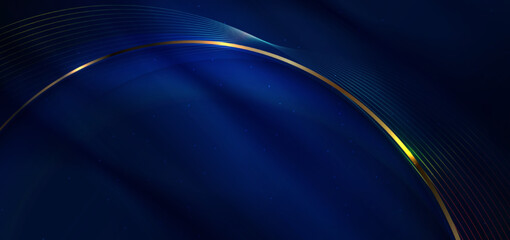 Abstract luxury glowing lines curved overlapping on dark blue background. Template premium award design.