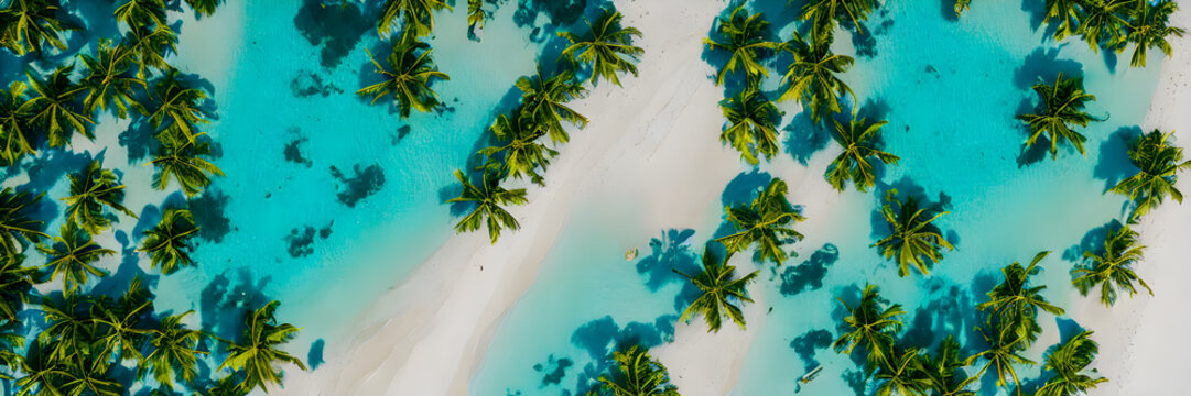 BHanner size. View from above, stunning aerial view of palms on the sandy beach. Tropical landscape, blue water, waves.