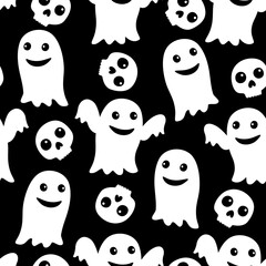 Halloween vector seamless pattern with funny ghosts and skulls