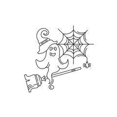 Halloween vector linear icon. A ghost flies on a broomstick, a web with a spider.
