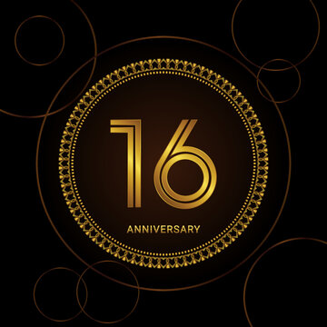 16th Anniversary Celebration with golden text and ring, Golden anniversary vector template