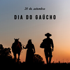 Horse and gaucho family on field at sunset silhouette