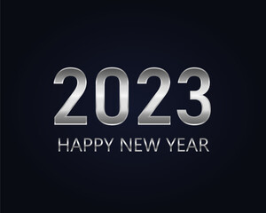 Happy New Year 2023 Elegant silver text on dark blue background.