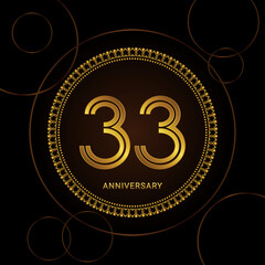 33th Anniversary Celebration with golden text and ring, Golden anniversary vector template