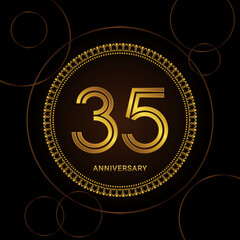 35th Anniversary Celebration with golden text and ring, Golden anniversary vector template