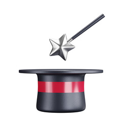 3D cartoon user interface illustration of a magic hat with magic wand icon on an isolated background. With studio lighting and a gradient colourful texture. 3D rendering
