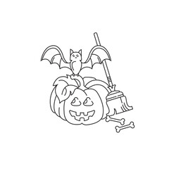 Happy Halloween vector illustration. Line icon. Pumpkin, bat and broom.
