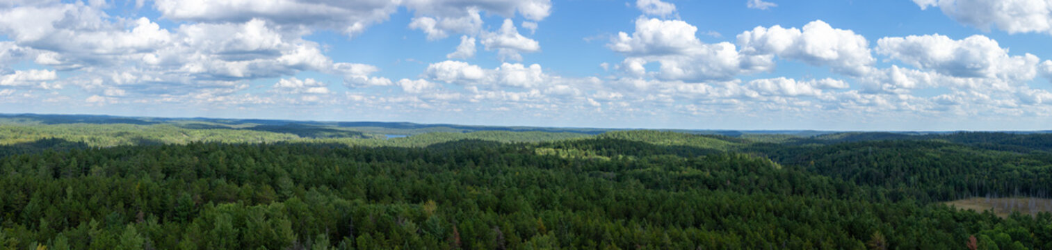 A panoramic view of the small town of Temagami, Ontario, and the surrounding area taken from atop the town's fire tower in the White Bear Forest.