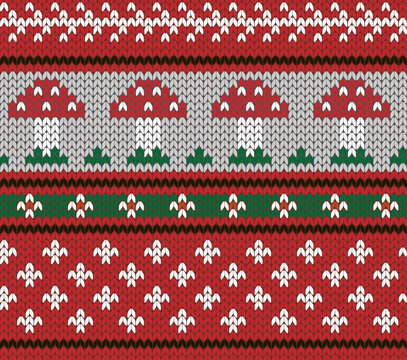 Red knitted seamless pattern with Sinek Agaric. Vector illustration.
